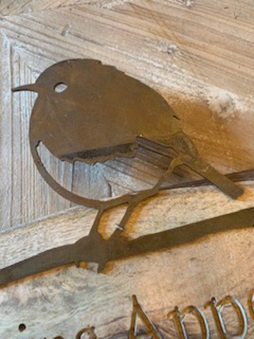 Engraved Wood Sign With Metal Robin