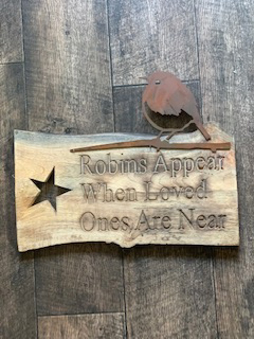 Engraved Wood Sign With Metal Robin