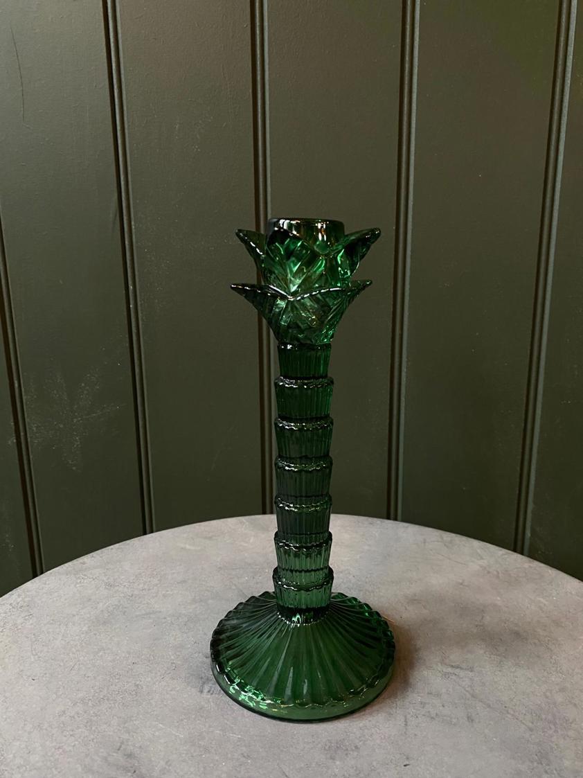 Green Glass Palm Tree Candlestick