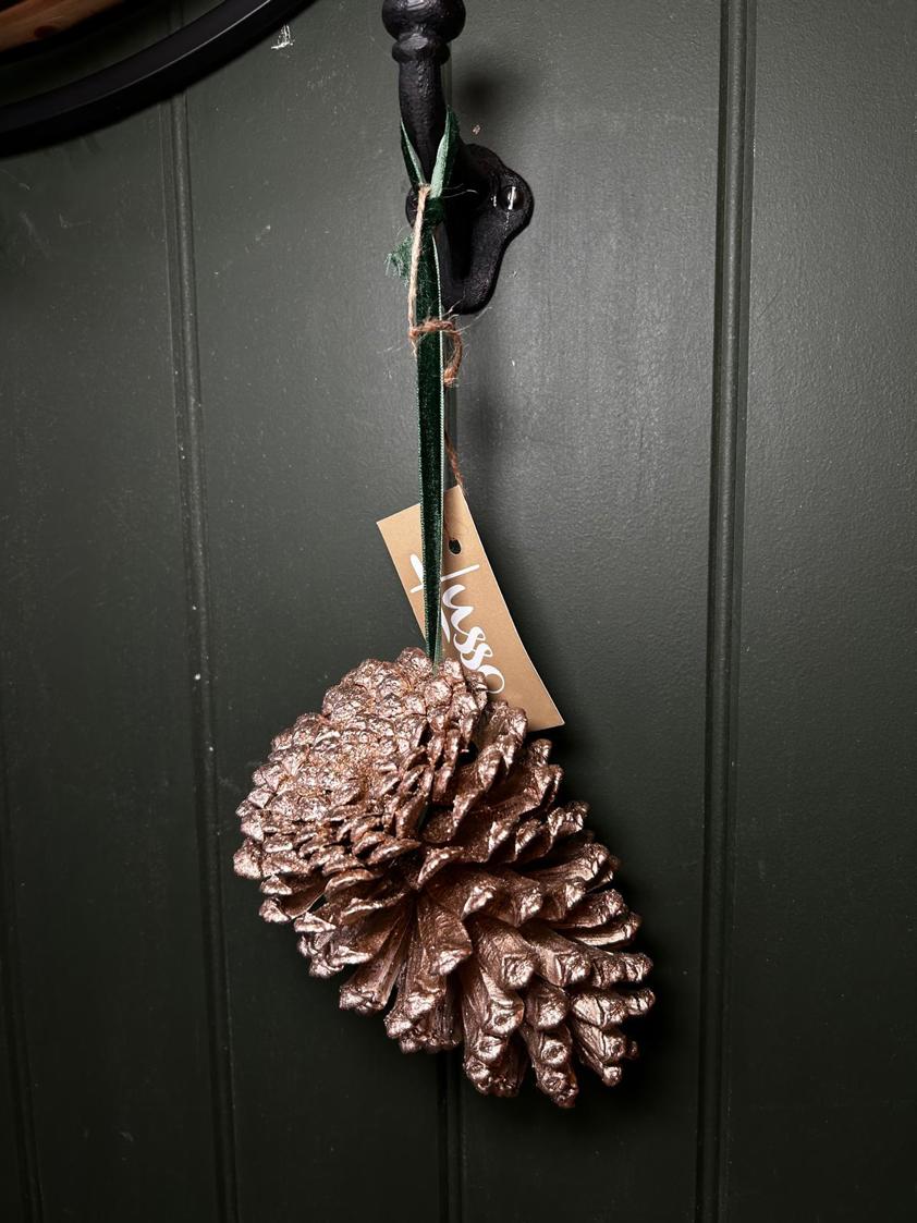 Gold Hanging Velvet Ribbon Pinecone