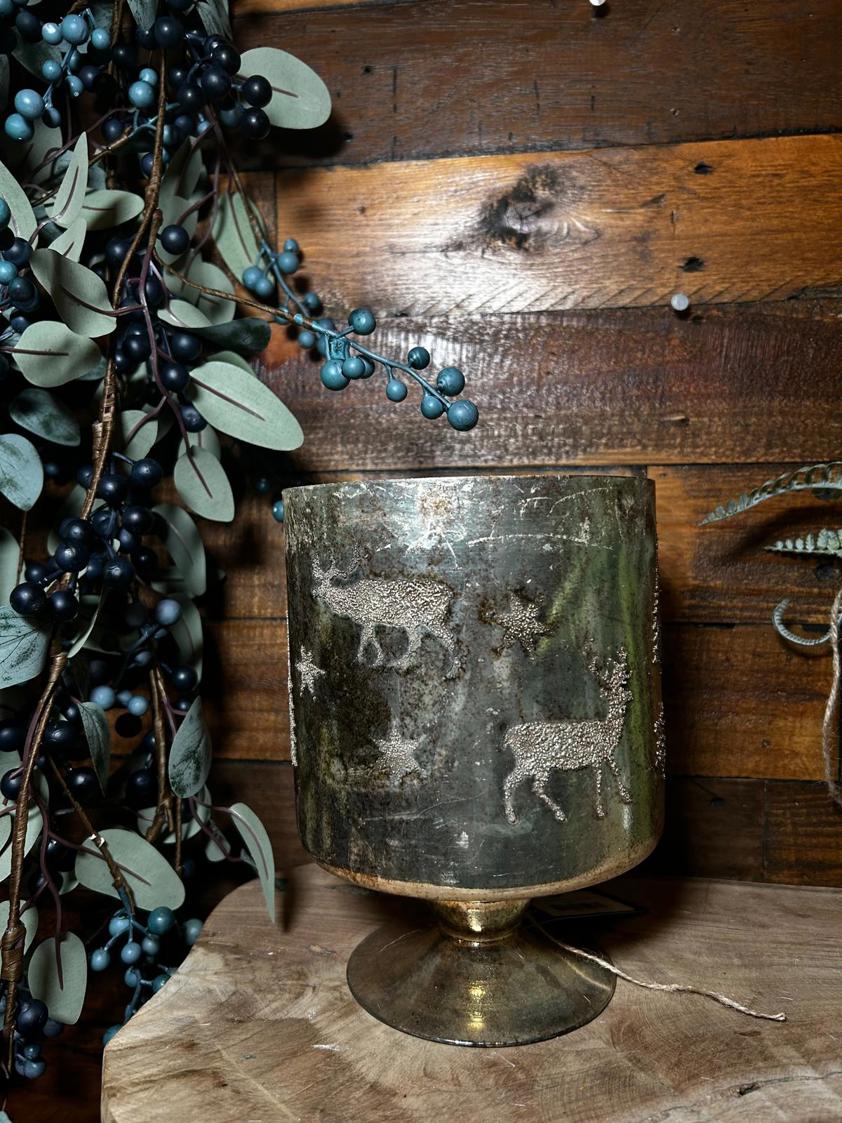 Bronze Patina Reindeer Hurricane footed Vase