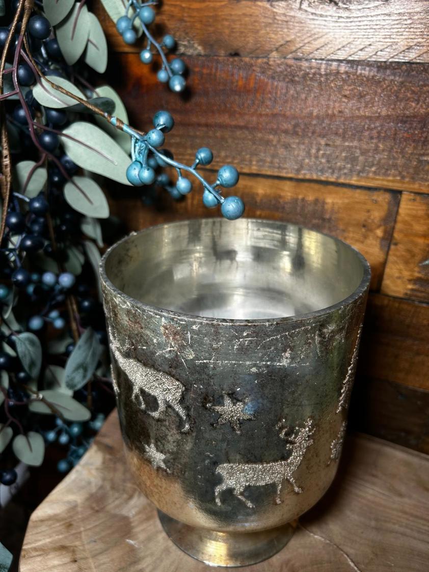 Bronze Patina Reindeer Hurricane footed Vase