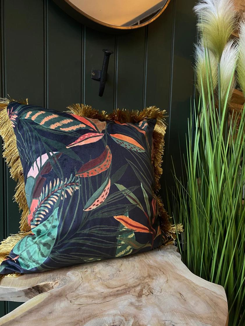 Tropical Leaves Cushion With Rust Fringe