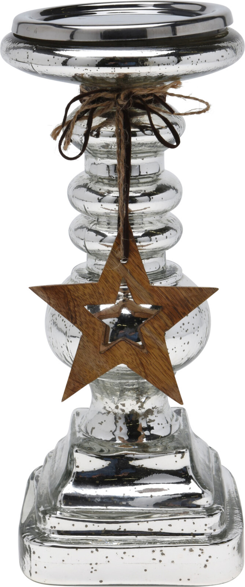 Silver Mercury Glass Candle Holder With Wood Star Silver Mercury Glass Candle Holder With Wood Star