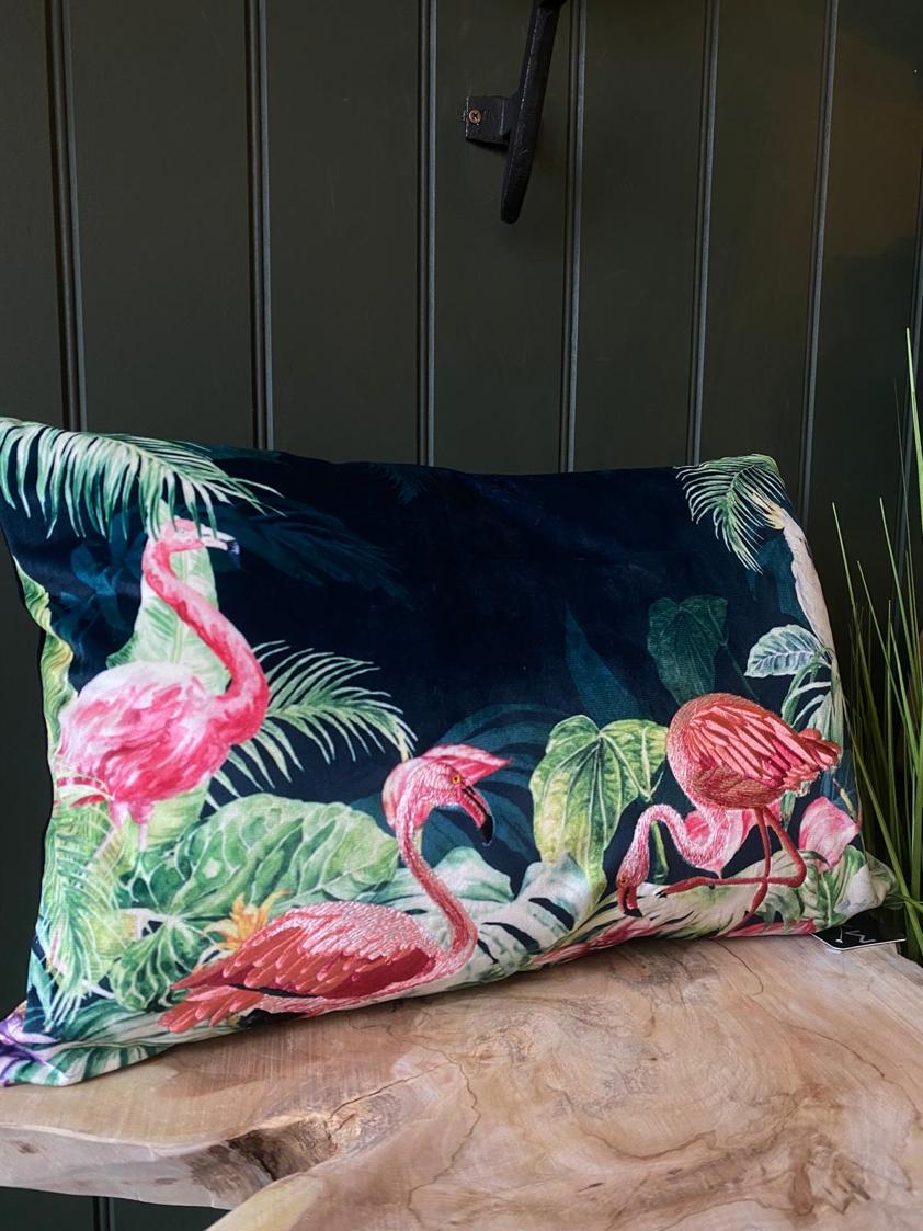 Flamingos Cushion On Teal Velvet