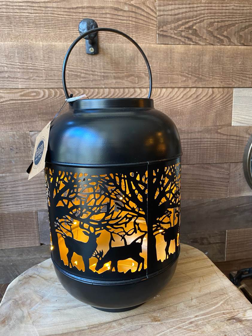 Black & Gold Stag Lantern with Lights