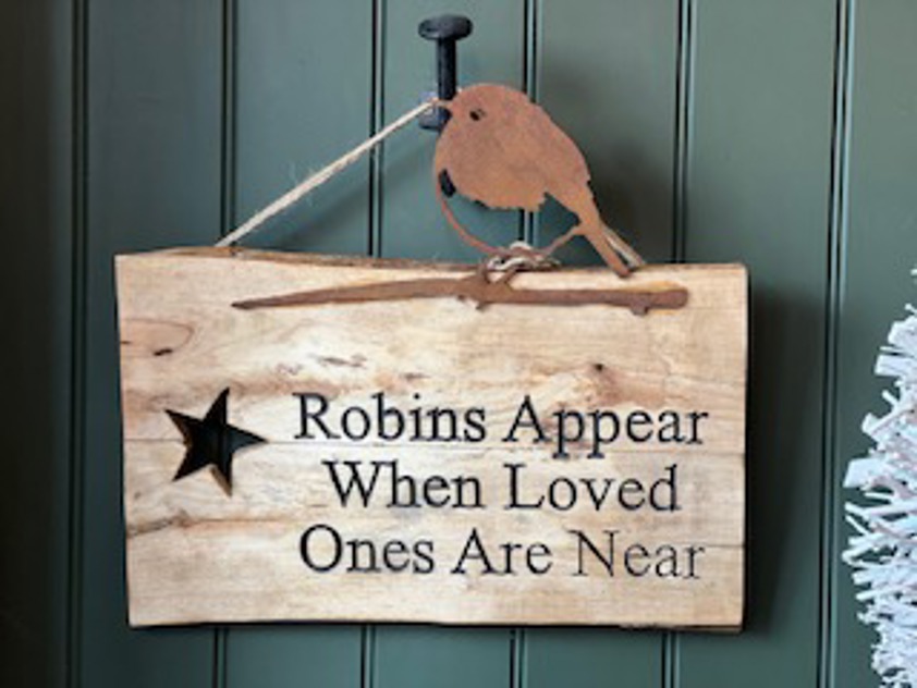 Large Engraved Robins Appear Sign with Metal Robin