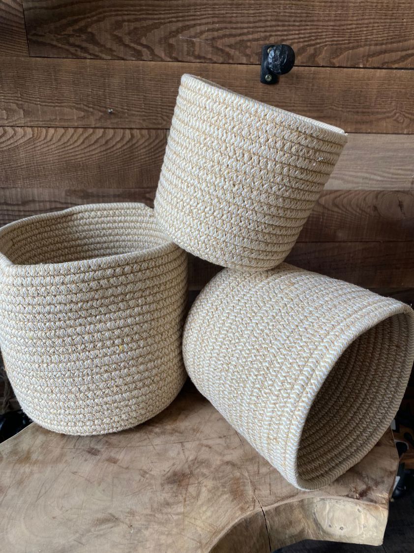 Set of 3 Natural & White Zigzag Cotton Baskets