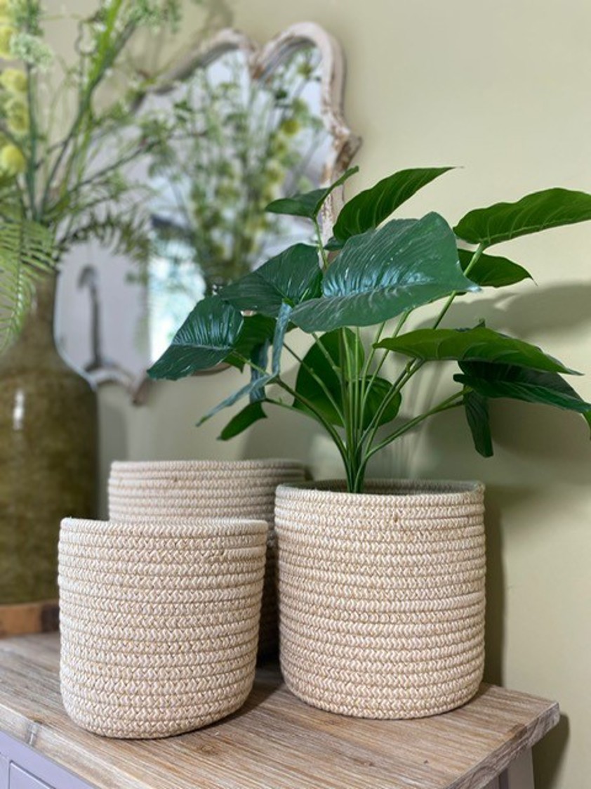 Set of 3 Natural & White Zigzag Cotton Baskets