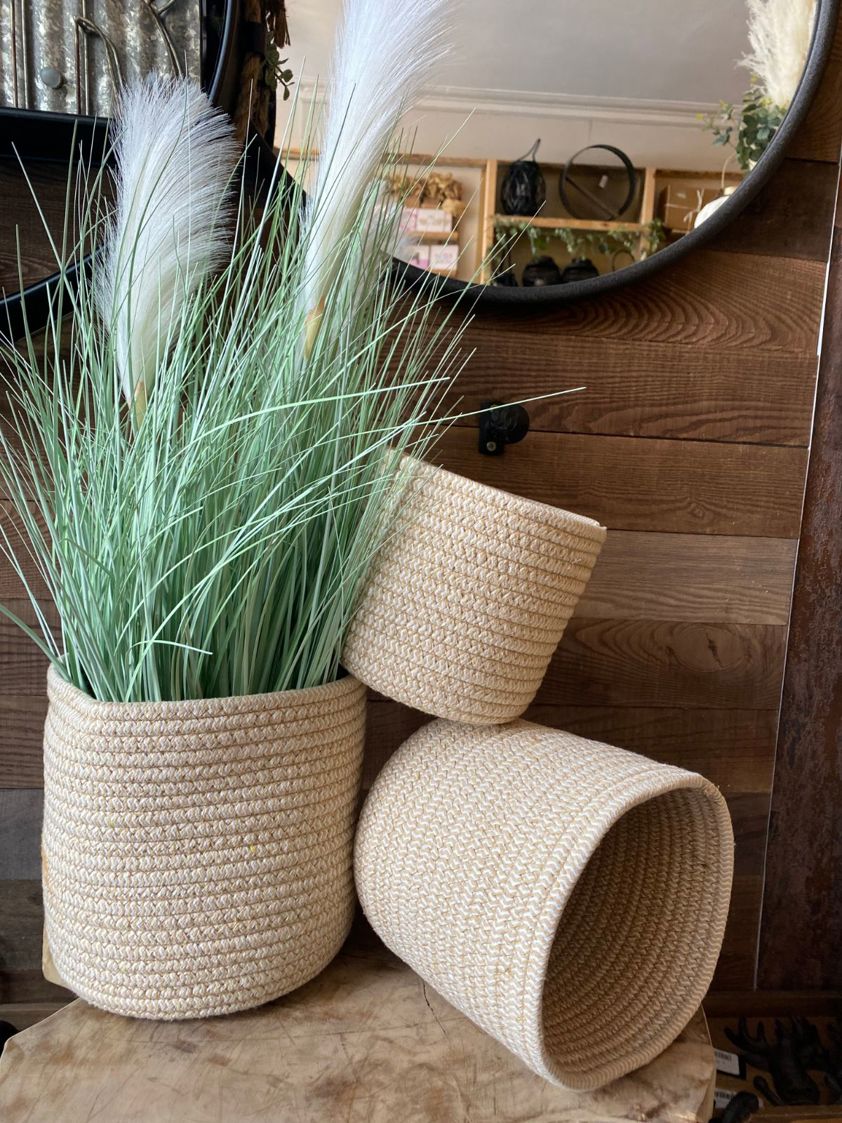 Set of 3 Natural & White Zigzag Cotton Baskets