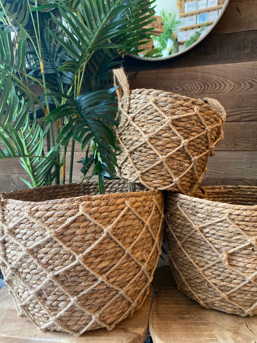 Natural Straw Basket with Rope Detail