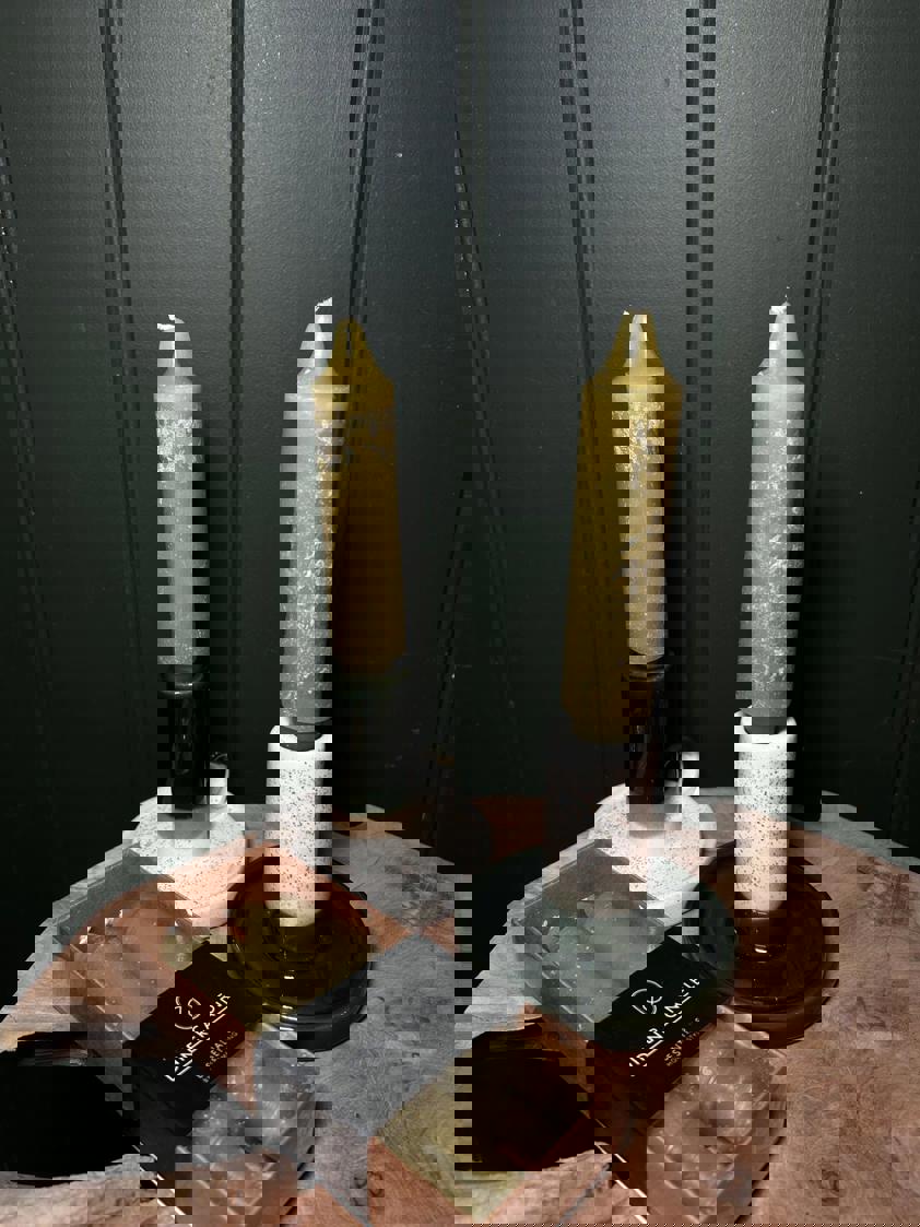 Short Chunky Olive Dinner Candle Set Of Two