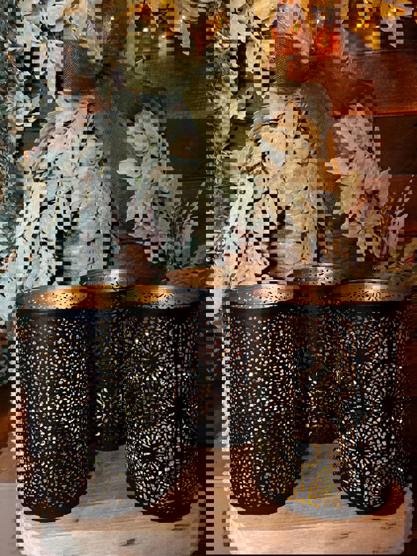 Black Metal Lantern With Cut Out Design (Including Lights) Black Metal Lantern With Cut Out Design (Including Lights)