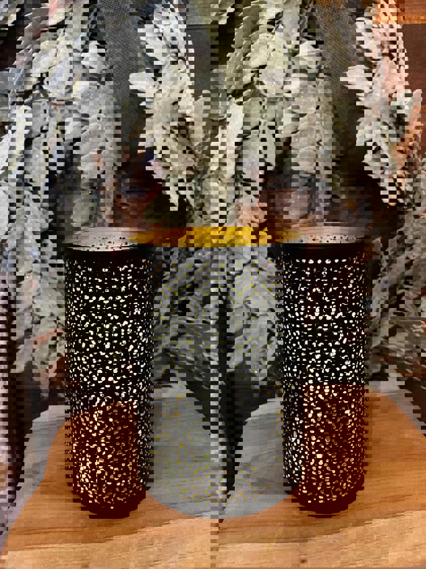 Black Metal Lantern With Cut Out Design (Including Lights) Black Metal Lantern With Cut Out Design (Including Lights)