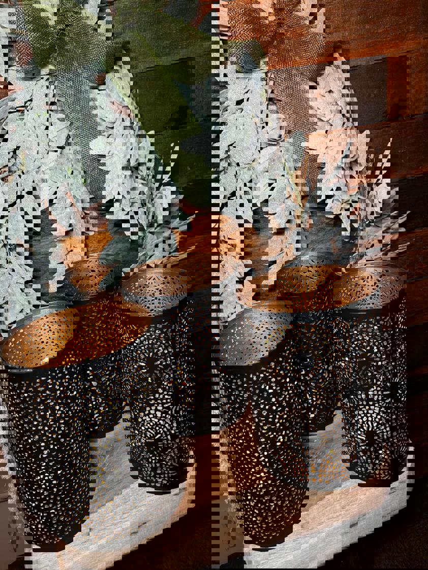 Black Metal Lantern With Cut Out Design (Including Lights) Black Metal Lantern With Cut Out Design (Including Lights)