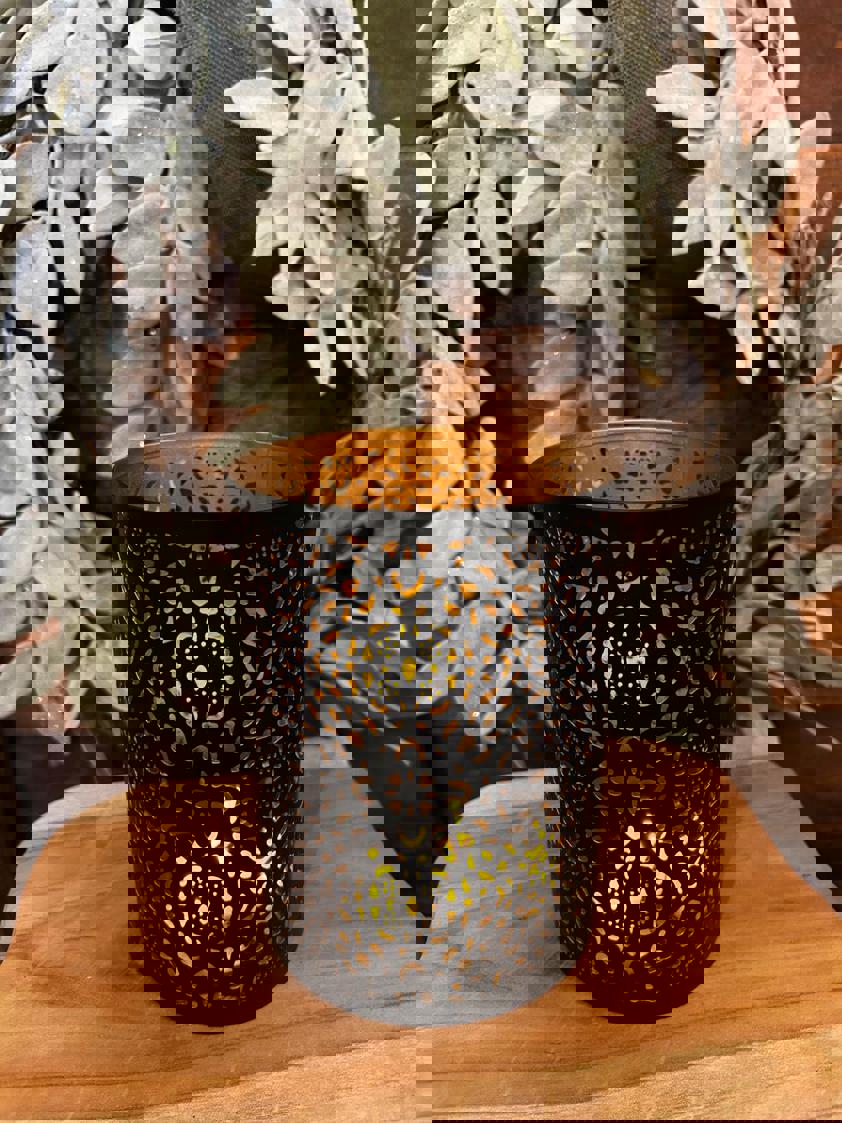 Black Metal Lantern With Cut Out Design (Including Lights) Black Metal Lantern With Cut Out Design (Including Lights)