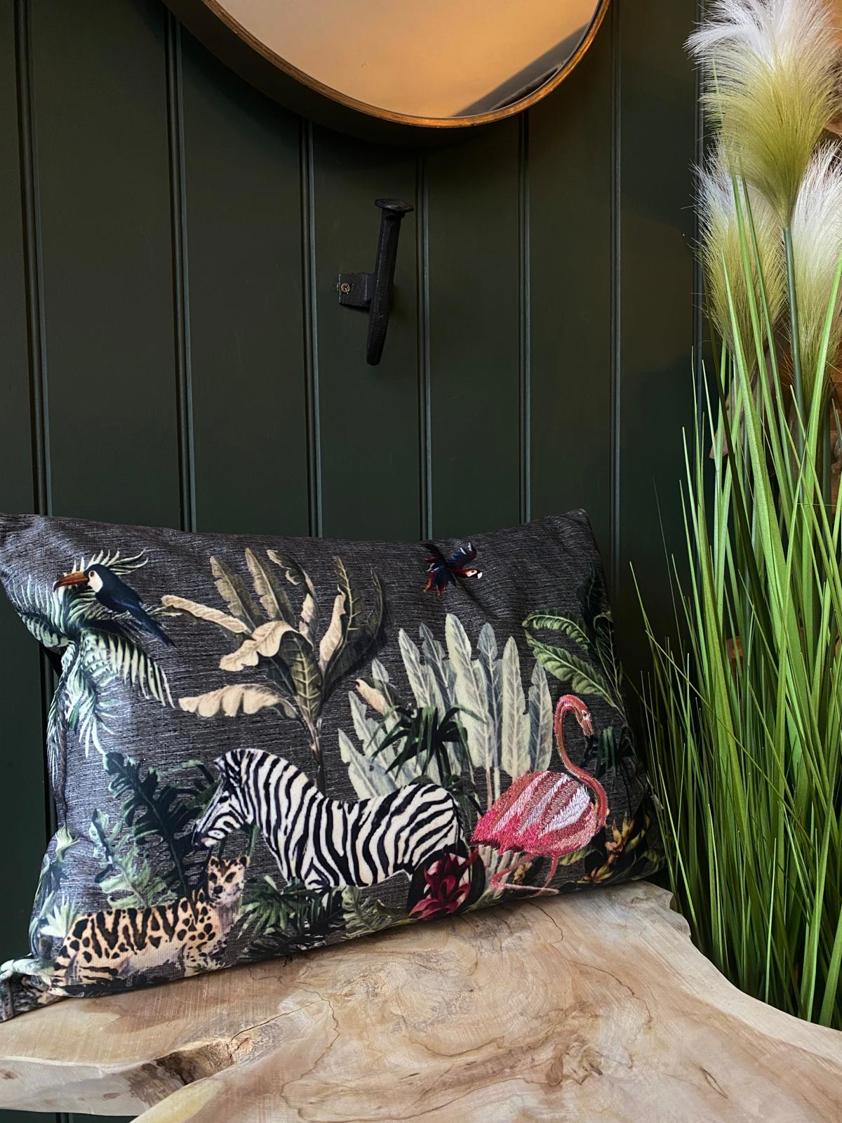 Velvet Printed Cushion With Embroidered Flamingo