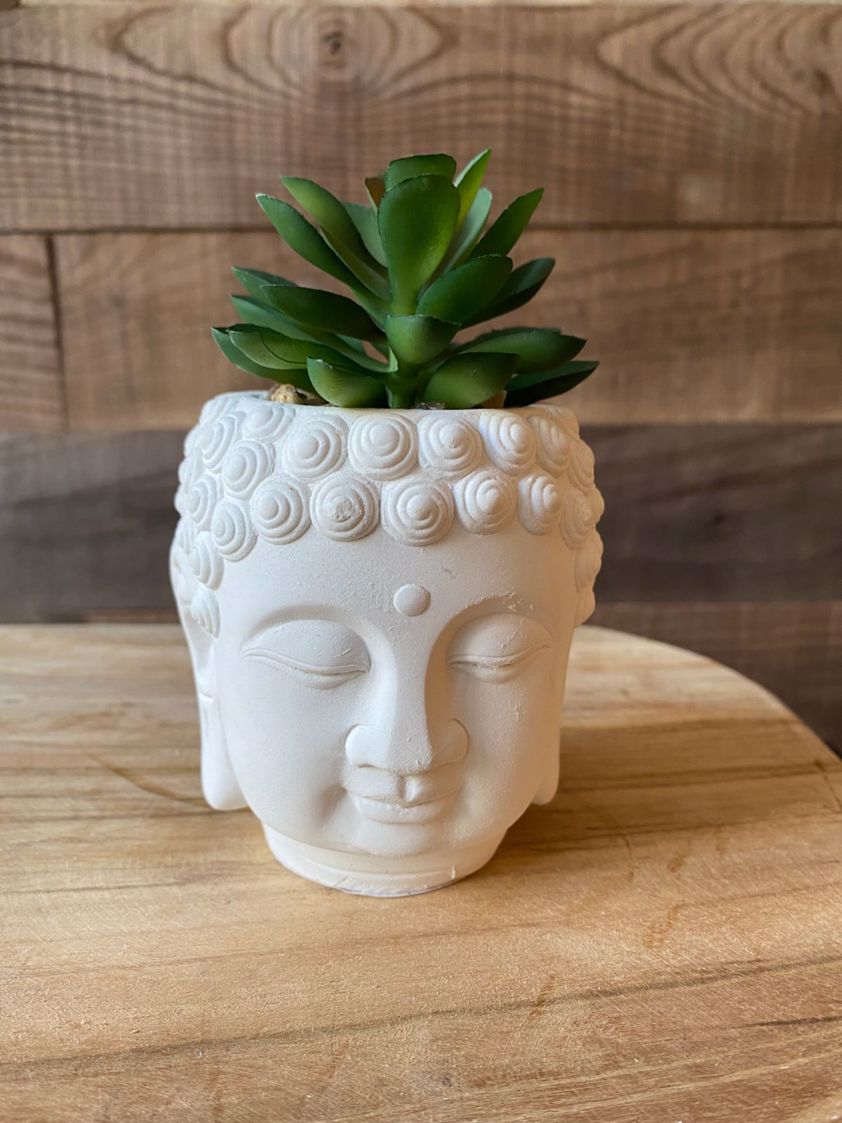 Dark Green Stone Buddha Head with Artificial Succulent