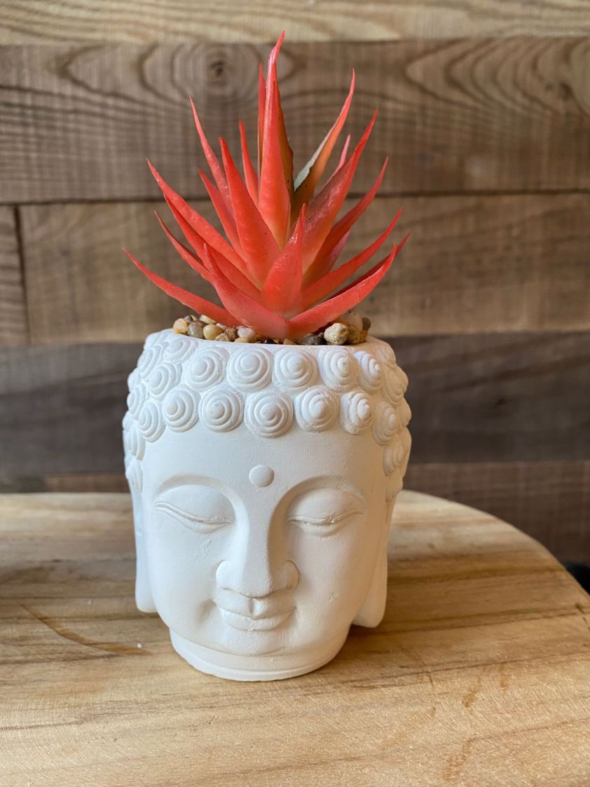 Red Stone Buddha Head with Artificial Succulent