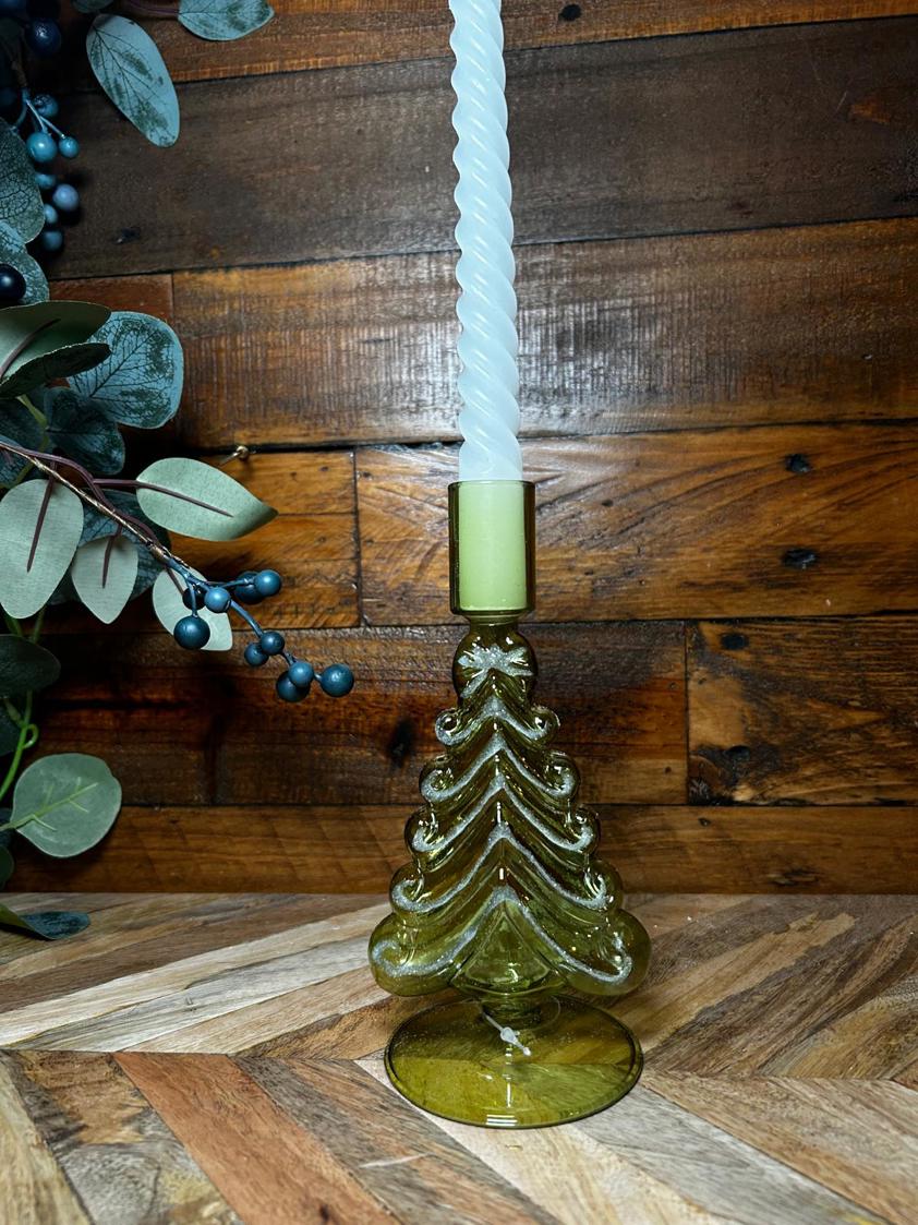 Green Glass Tree Candle Holder