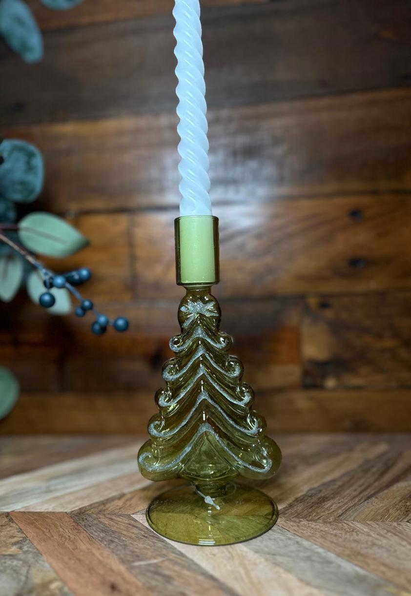 Green Glass Tree Candle Holder