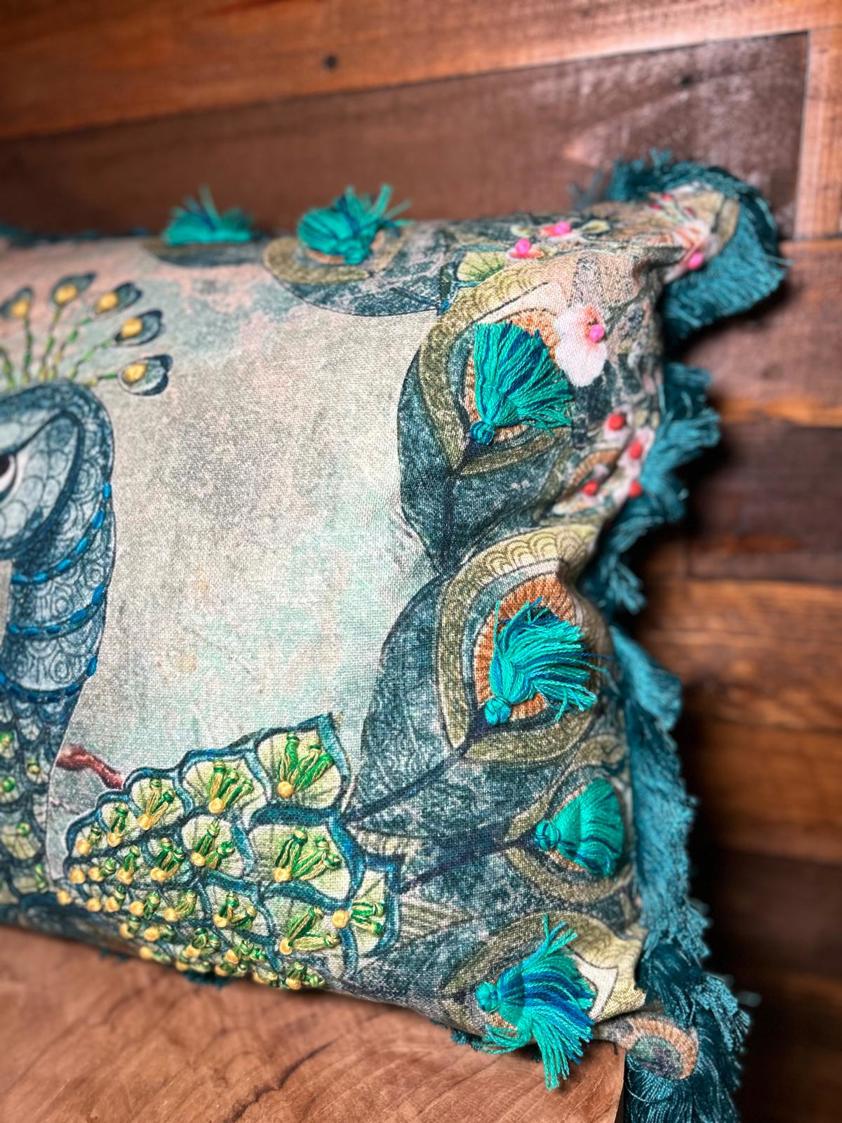 Printed Peacock Cushion with Embelishment