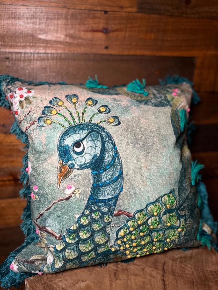 Printed Peacock Cushion with Embelishment