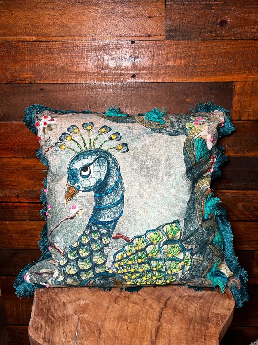 Printed Peacock Cushion with Embelishment