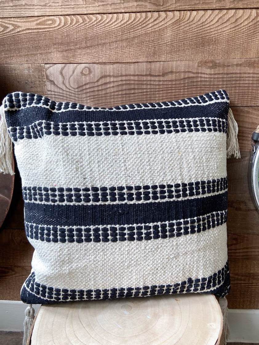 Black & Cream Striped Cushion with Tassels