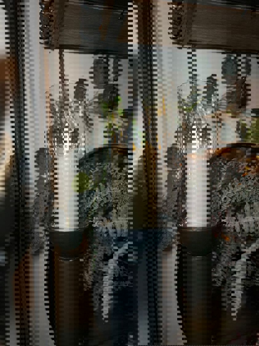 Tall Iron and Glass Candle Holder