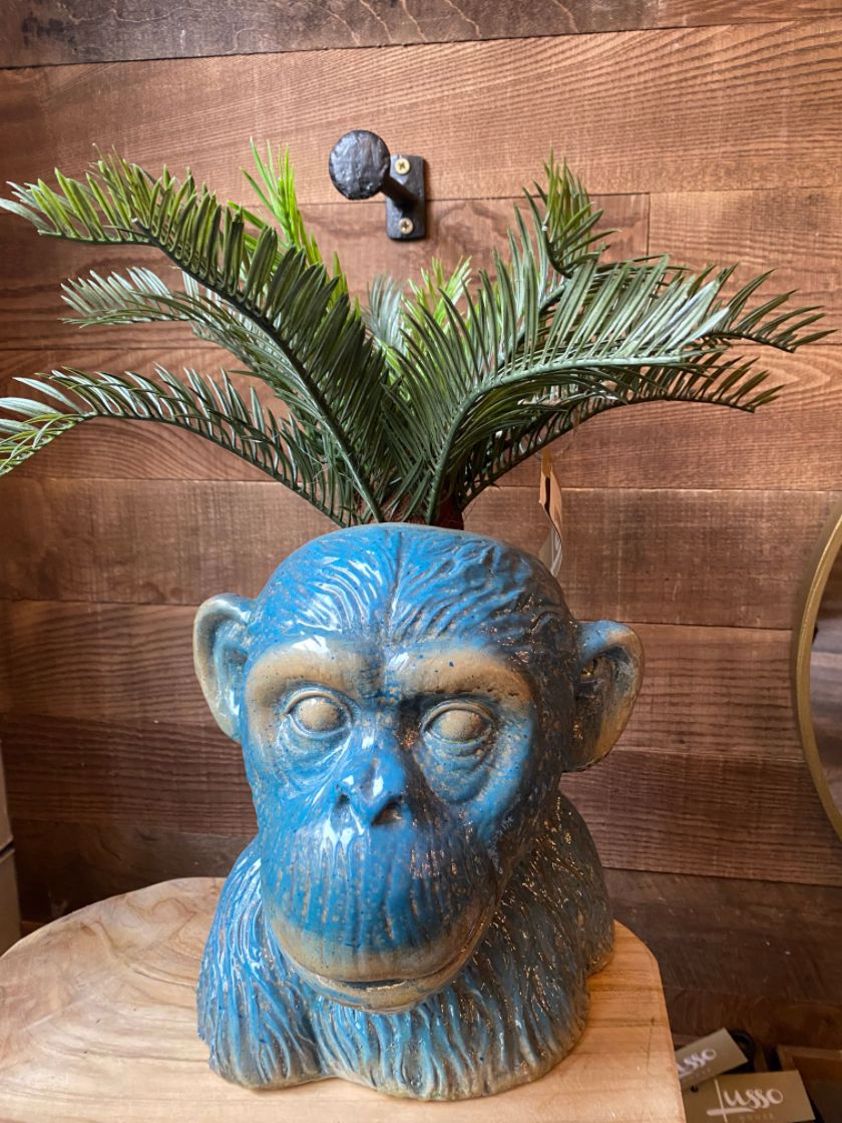 Ceramic Teal Monkey Head Plant Pot