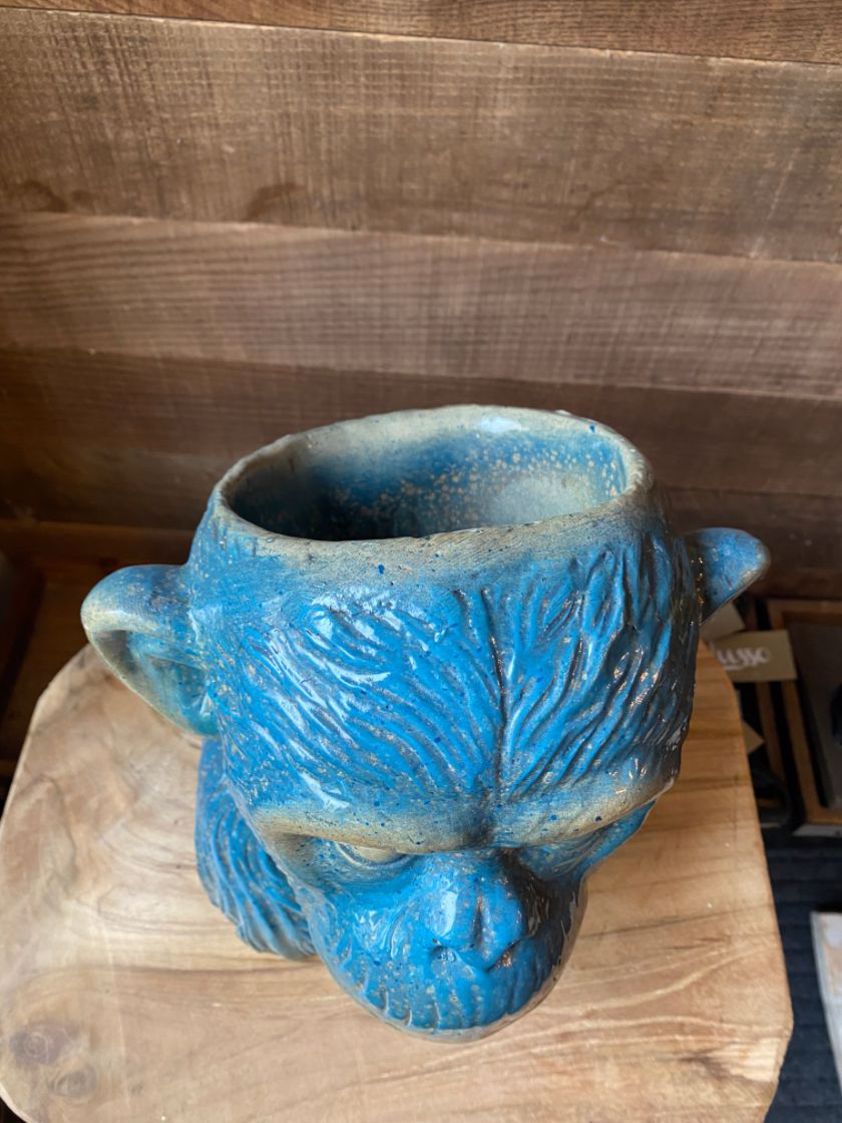 Ceramic Teal Monkey Head Plant Pot