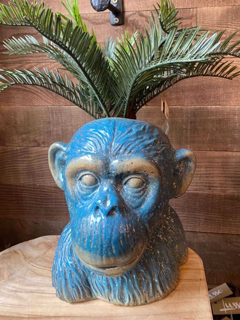 Ceramic Teal Monkey Head Plant Pot