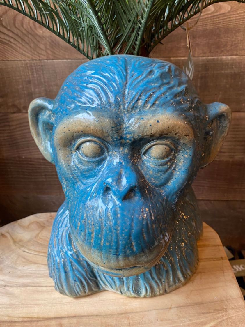 Ceramic Teal Monkey Head Plant Pot