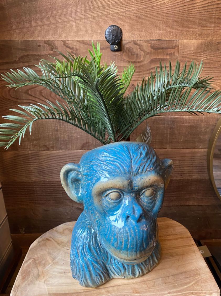 Ceramic Teal Monkey Head Plant Pot