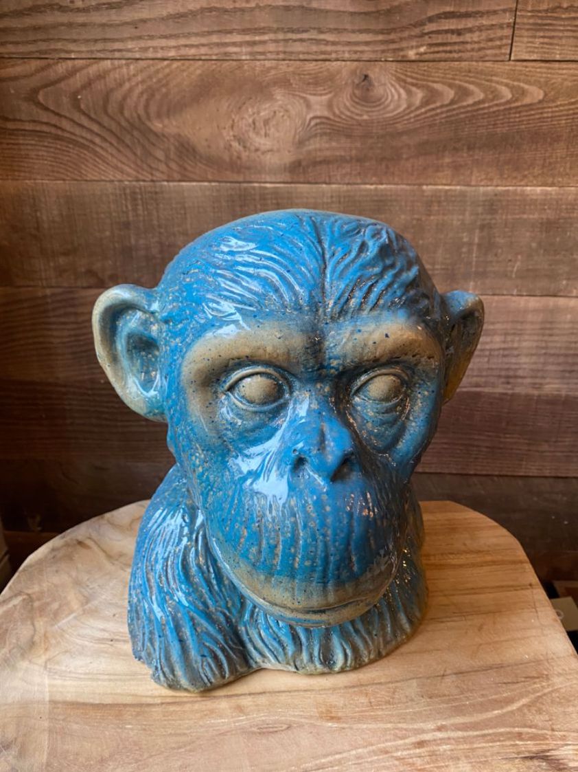 Ceramic Teal Monkey Head Plant Pot