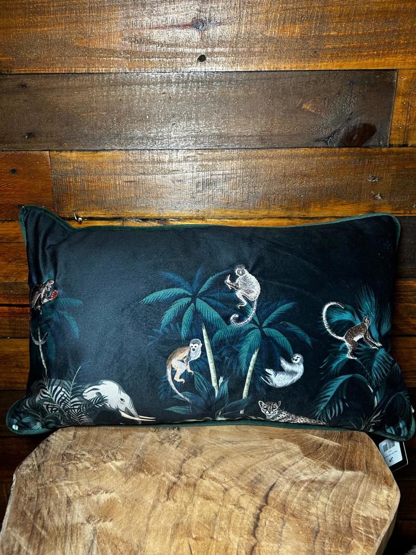 Printed Velvet Jungle Scene with Monkeys Cushion