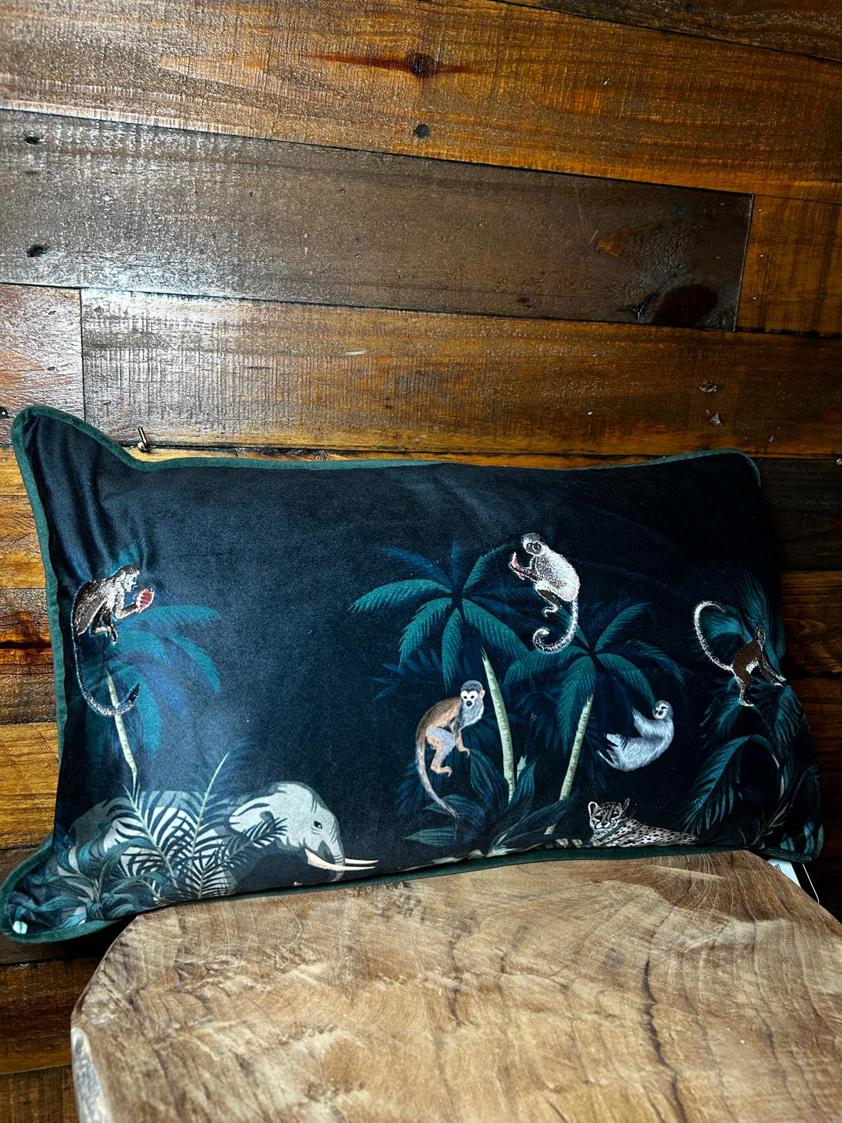 Printed Velvet Jungle Scene with Monkeys Cushion