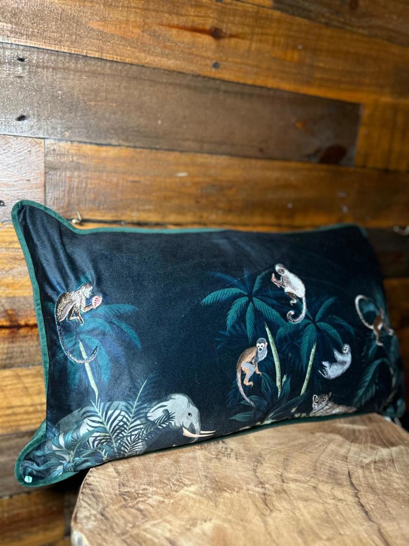 Printed Velvet Jungle Scene with Monkeys Cushion