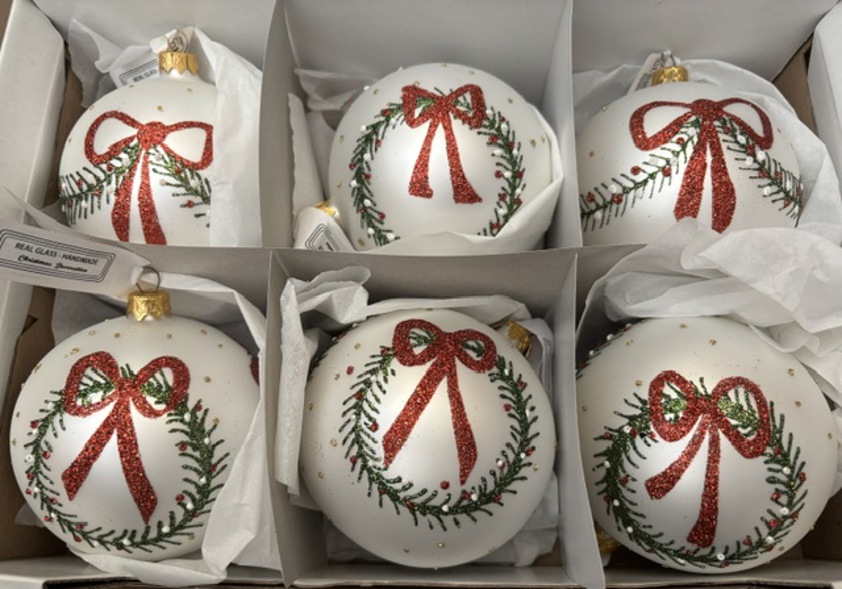 Box of 6 Hand Blown Glass Bow Bauble Box of 6