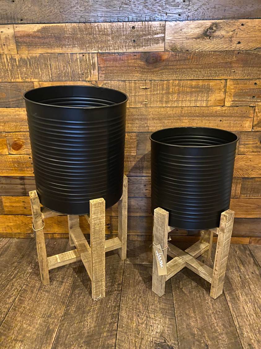 Black Planters on Wood Stand