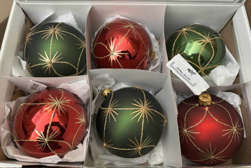 Hand Blown Glass Bauble Star Burst, Green & Red Bauble box of 6