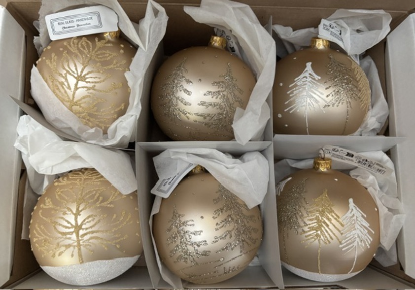 Hand Blown Glass Gold Trees Bauble Box of 6
