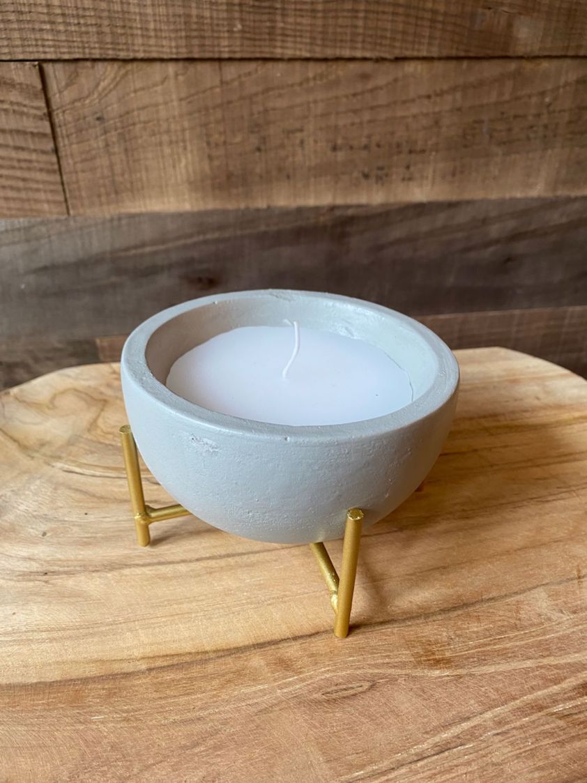 Light Grey Small Candle in Cement Pot on Gold Legs