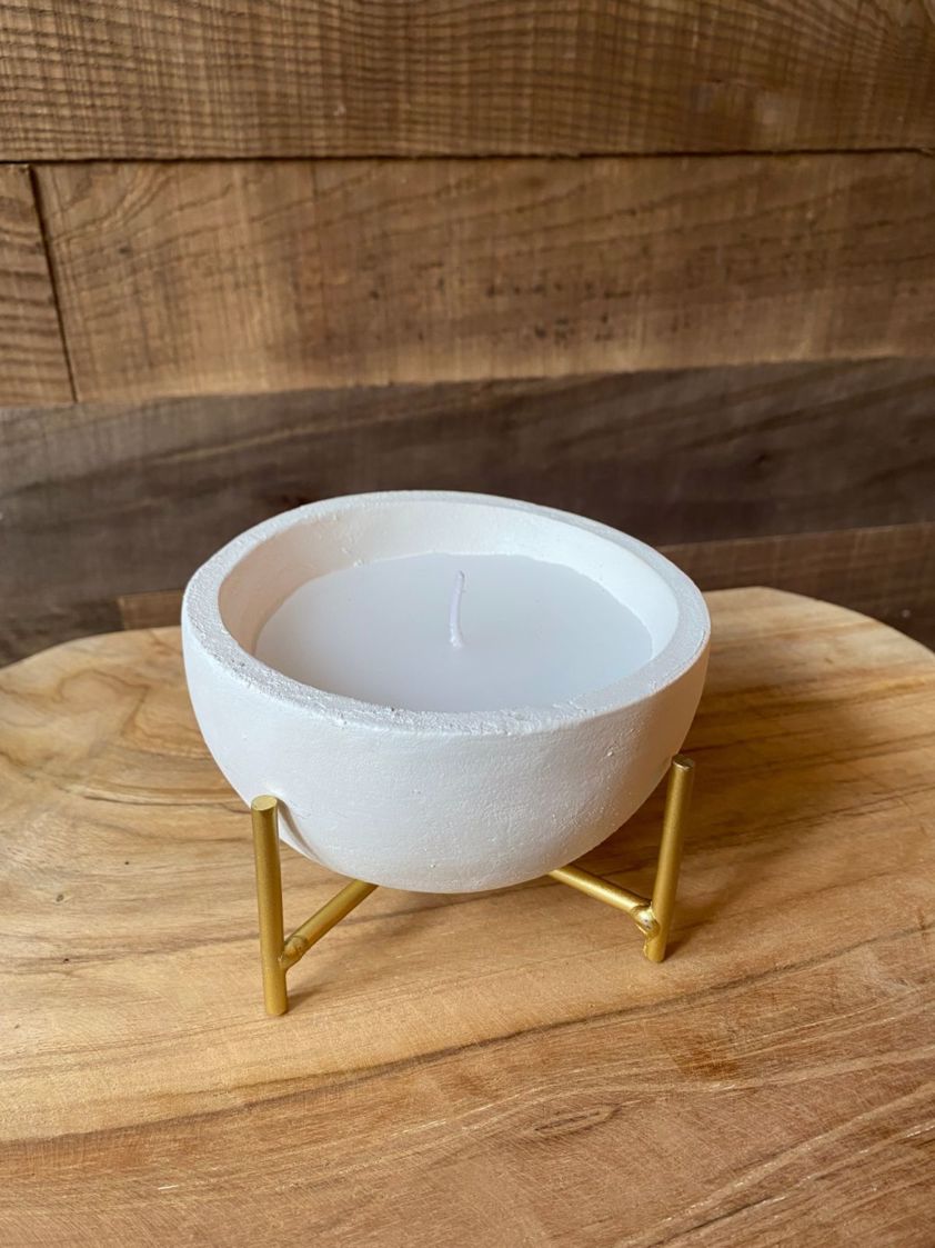 White Small Candle in Cement Pot on Gold Legs