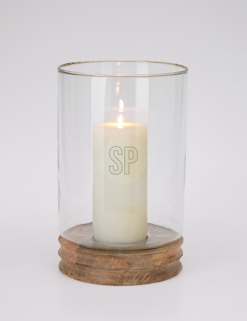 Light Wood and Glass Hurricane Candle Holder