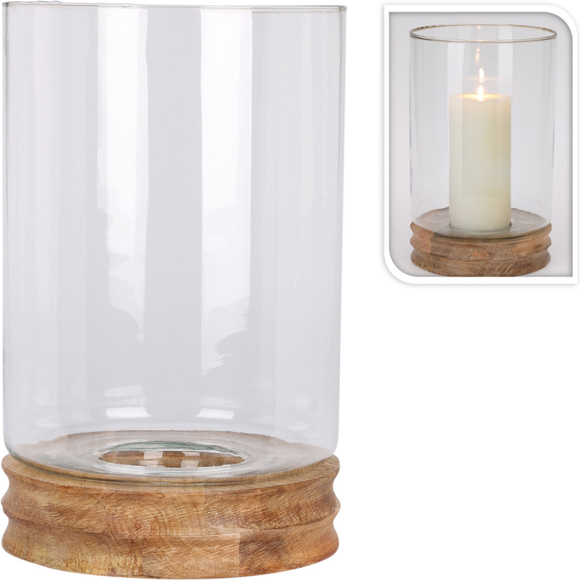 Light Wood and Glass Hurricane Candle Holder