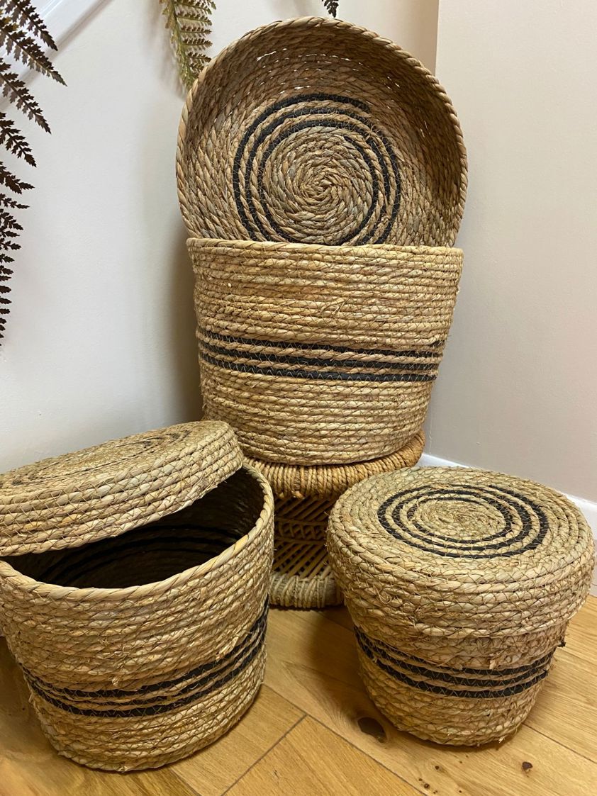 Natural & Black Round Cattail Baskets with Lid