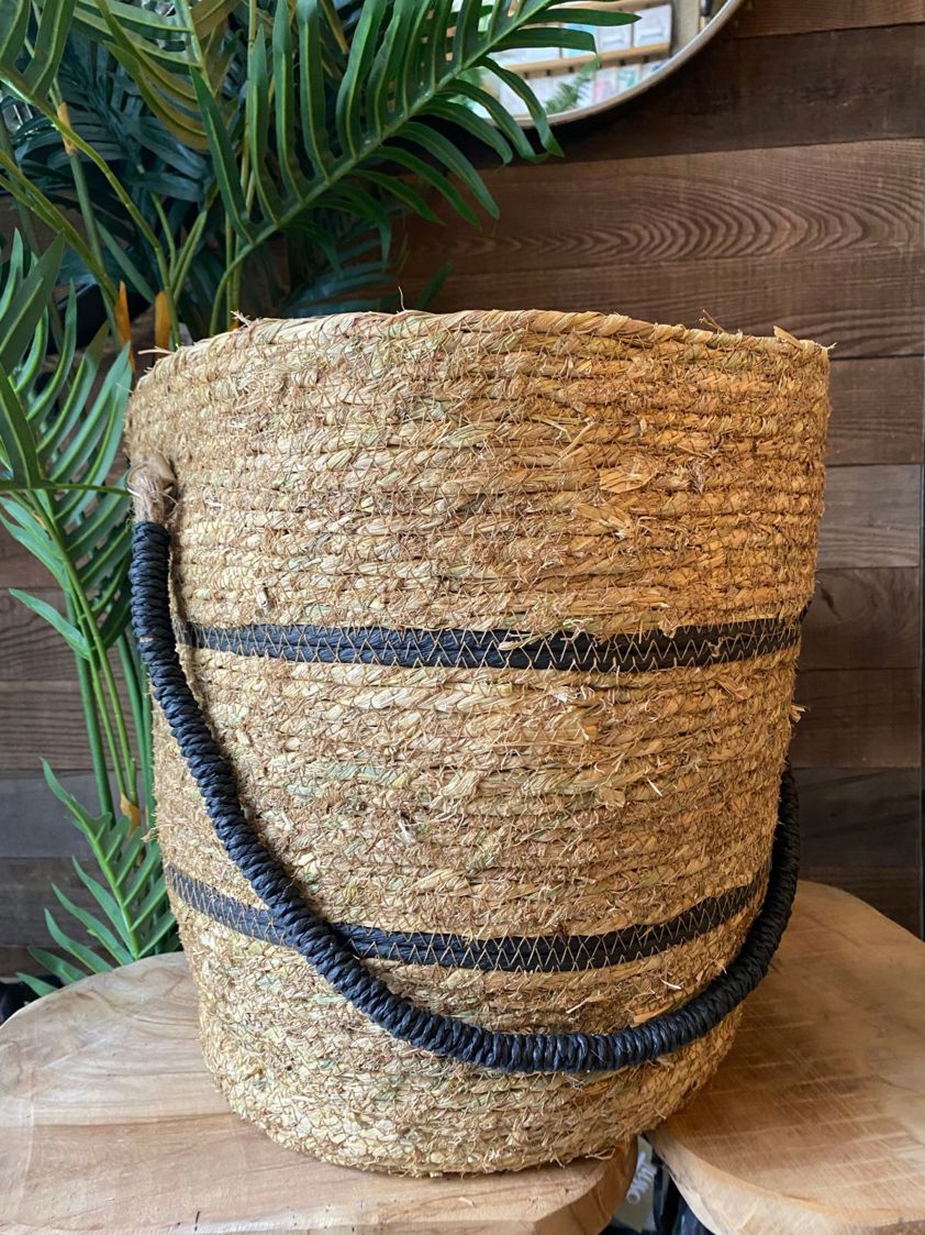 Natural Straw Basket with Black Stripes & Handle