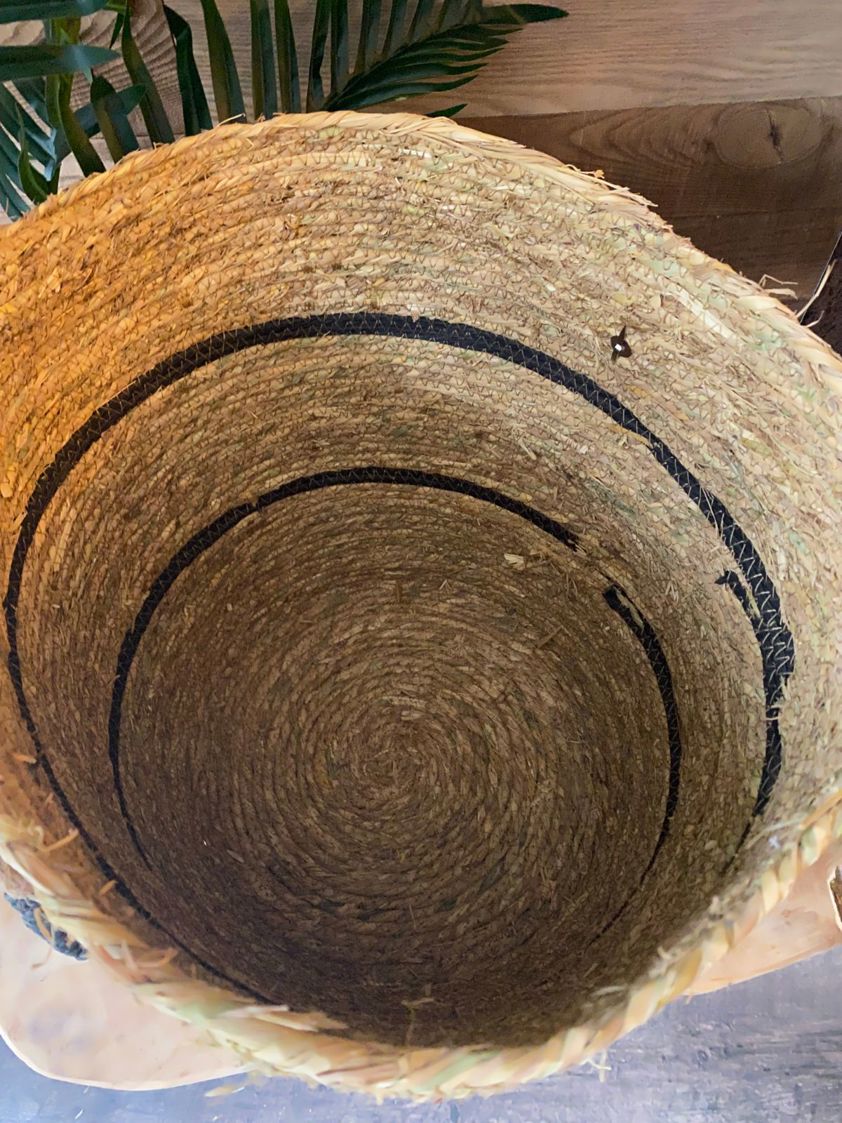 Natural Straw Basket with Black Stripes & Handle